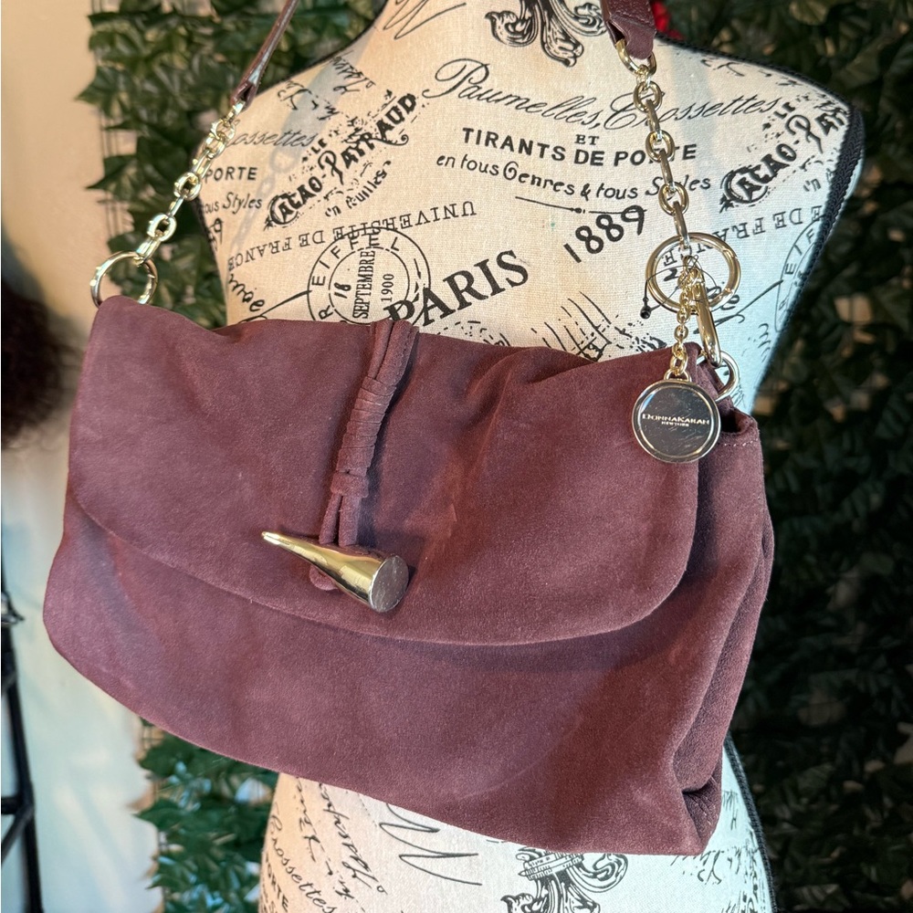 Donna Karan cows leather suede handbag with chain handle. Cindy East West